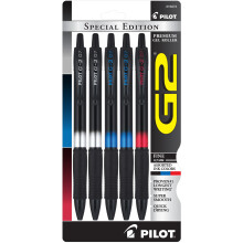 Pilot, G2 Special Edition Premium Gel Roller Pens, Fine Point 0.7 mm, Black, Blue, Red, Pack of 5