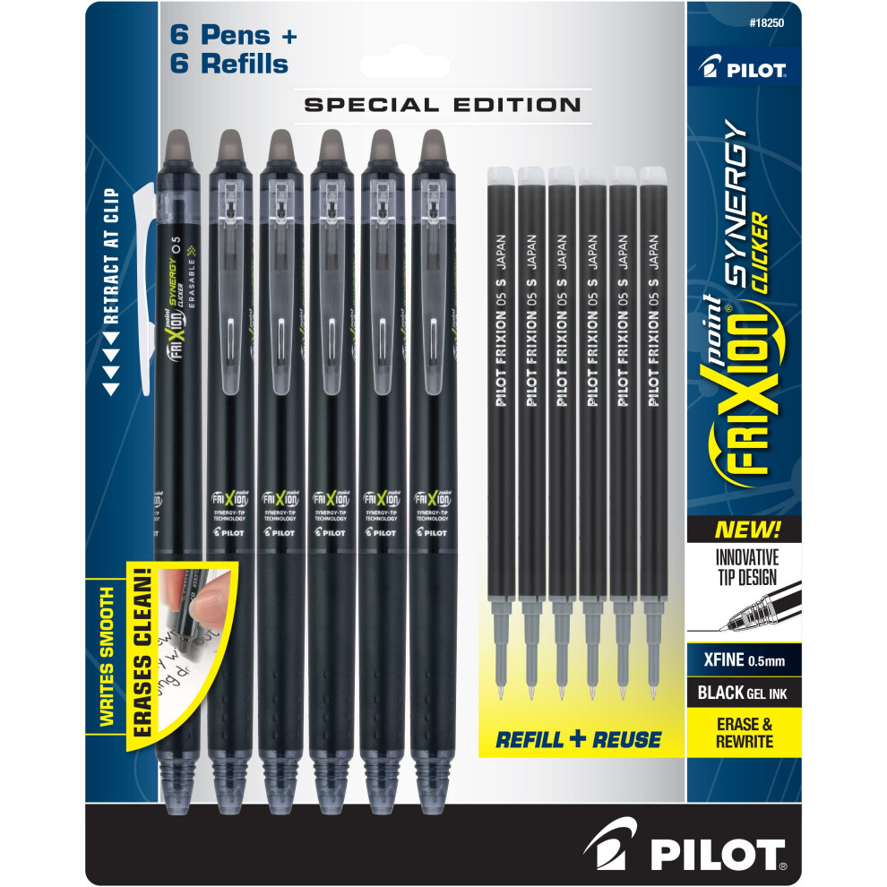 Pilot Frixion Synergy Clicker Erasable Pens, Retractable And Refillable, 0.5Mm Extra Fine Point, 6 Pack Of Black Ink Pens + 6 Refills