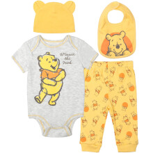 Disney Winnie the Pooh Baby Jungen 4-teiliges Outfit-Set: Bodysuit, Hose, Lätzchen, Hut Gelb 3-6 Monate