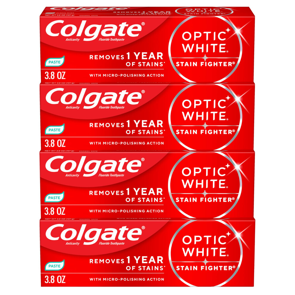 Colgate Optic White Stain Fighter Clean Mint Paste Teeth Whitening Toothpaste, 4 Pack, Anticavity Toothpaste With Fluoride, Enamel Safe Teeth Stain Re