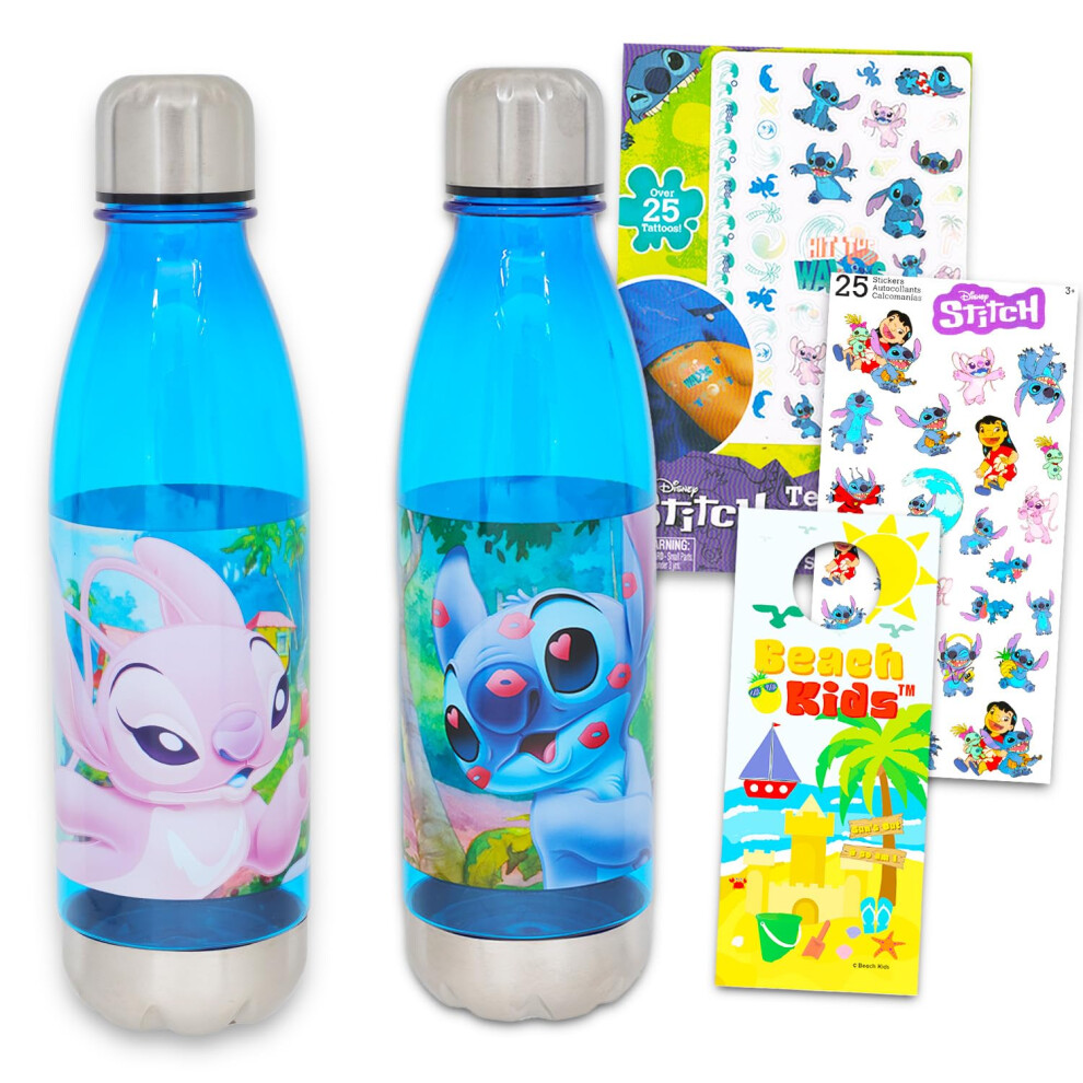 Disney Stitch And Angel Water Bottles Set - Bundle Of 2 Reusable Sports Bottles For Home, School & Stickers, Tattoos, More | Lilo And Stitch Pack For Kids