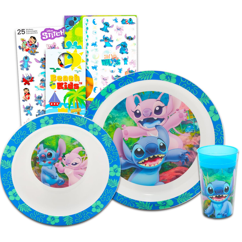 Disney Stitch Dinnerware Set For Kids, Toddlers - 3 Pc Kitchen Accessories Bundle With Stitch And Angel Dinner Plate, Cup, Stickers, More | Lilo And Stitch F