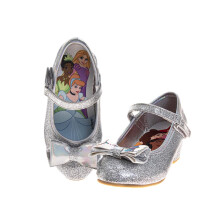 Zapatos Disney Princess para Niñas - Tacones Mary Jane con Lazo - Fiesta Escolar - Brillo Plateado (Tamaño 10 Niño)