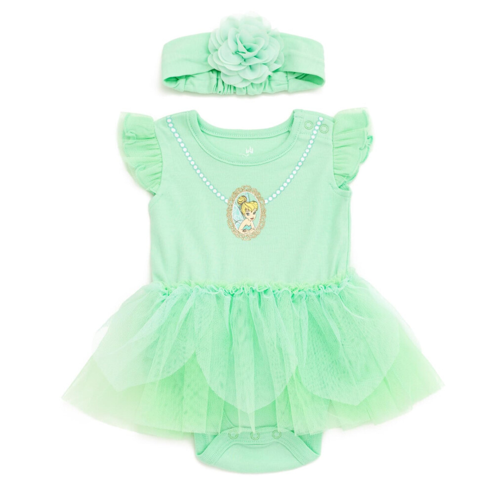 Disney Tinker Bell Newborn Baby Girls Cosplay Bodysuit With Skirt Overlay & Headband Outfit Set Spring Green 3-6 Months