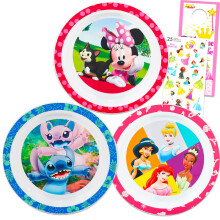 Disney Geschirrset für Mädchen - 3 teiliges Küchenzubehör mit Stitch, Prinzessin, Minnie Maus Tellern