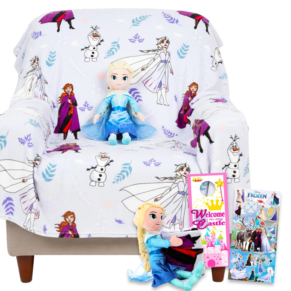 Disney Frozen Throw Blanket And Character Pillow - Bundle With Elsa Kids And Teens Blanket, Hugger Character, Stickers, More For Girls Frozen Blanket