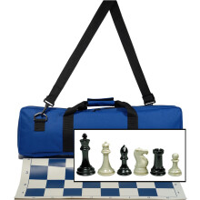 WE Games Toernooischaken Set met Luxe Elektrische Blauwe Canvas Tas, Drievoudig Gewogen Stukken