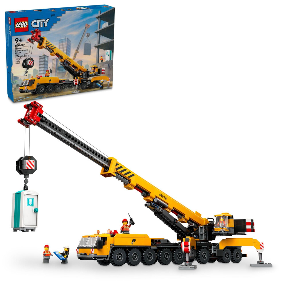 Lego City Yellow Mobile Construction Crane Toy Set For Boys And Girls, Long Extendable Boom And 4 Worker Minifigures Included For Imaginative Role Pla