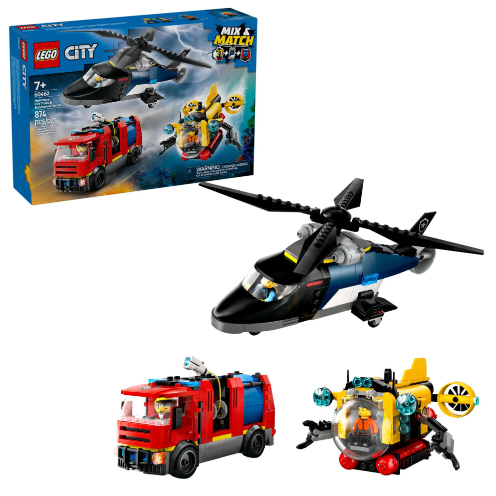 Lego City Helicopter, Fire Truck & Submarine Remix Kids Toy - 3 Building Toys In 1 For Boys And Girls, Ages 7+ - Gift Idea For Birthdays And Holidays