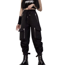 Damen Jogginghosen Schwarz Mit Hoher Taille Taschen Schwarz XXL — damen cargo jogger, cargo hosen xxl, schwarze high waist hosen, streetwear jogger