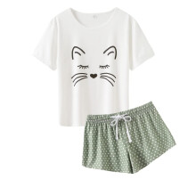 Pyjama Femme Été 2 Pièces Vert Motif Panda - T-shirt Manches Courtes et Short Taille Élastique Confortable Taille 42