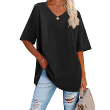 T-shirt Femme Oversize Noir Col V Manches Courtes Haut Ample Décontracté Été Confortable Taille M — t-shirt femme