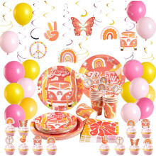 Set de Decoración de Cumpleaños Boho Arcoíris Globos Platos para Niños — accesorios fiesta, vajilla desechable papel
