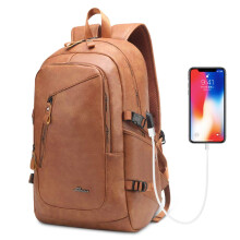 Mochila de cuero vegano DYJ para laptop, mochila de viaje vintage con puerto USB, apta para laptops de 17 pulgadas