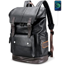 CHAO RAN Leren Laptop Rugzak voor Mannen, Vintage Zwart Werk Knapsack Grote Reis Waterproof 16inch Laptop
