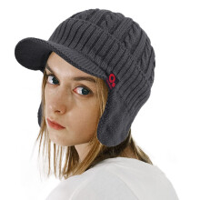 Dames Winter Kabel Gebreide Visor Beanie Fleece Voering Oorflap Baseball Cap Jacht Trapper Hoed (Donker Grijs), One Size-Medium