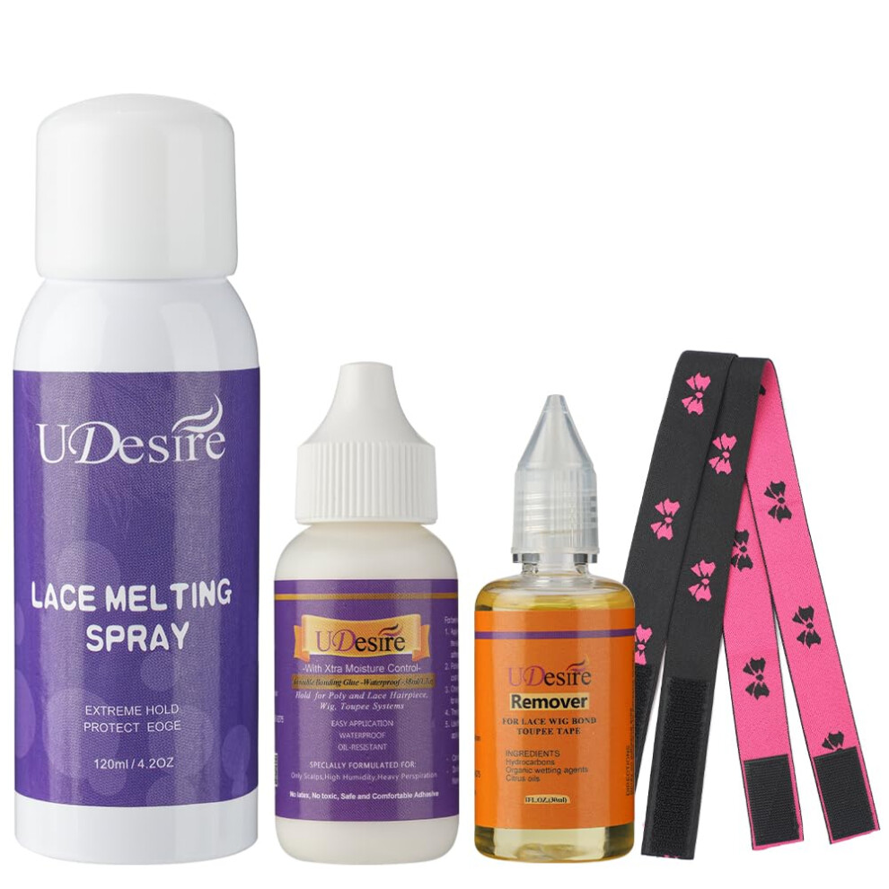Udesire Lace Glue,1.3 Ounce, Waterproof, Extreme Hold, Invisible Bonding For Wigs & Hair Systems, Includes 2 Elastic Bands (Lace Melting Spray/Lace Gl