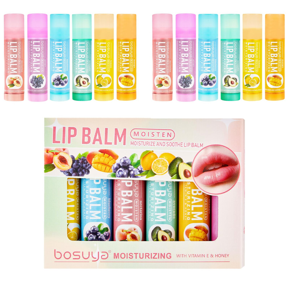 Admd Lip Balm 12 Pack - Hydrating & Repairing For Delicate Lips, 6 Fruity Flavors Moisturizing Balm For Dry Cracked Lips, Long Lasting Lip Care Set