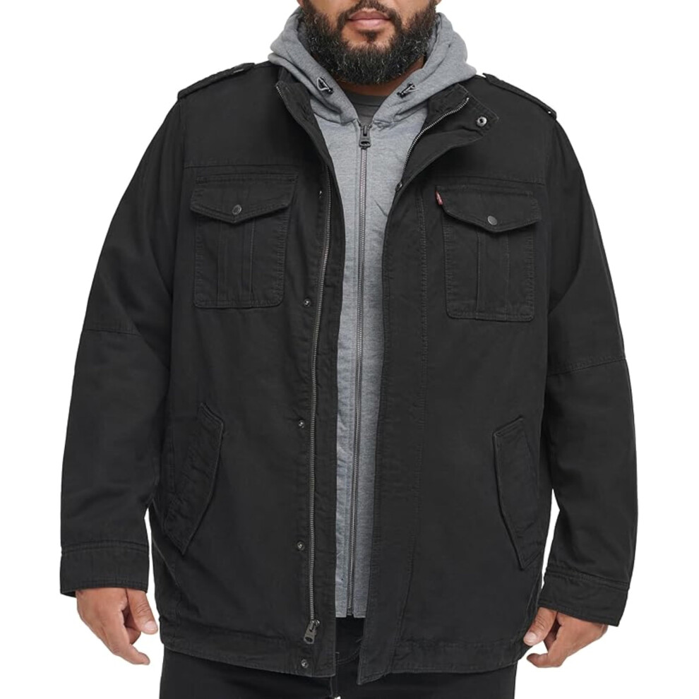 Levi's Men's Washed Cotton Military Jacket With Removable Hood (Standard And Big & Tall), Black, 3X-Large Tall