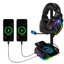 Hoofdtelefoonstandaard met Draadloze Oplader Gaming Headset Houder met 10W/7.5W QI Oplaadpad & 2 USB Oplaadpoorten