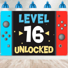 Level 16 Ontgrendeld Gelukkig 16e Verjaardag Level Up Banner Achtergrond Foto Booth Props Video Game Thema Decor