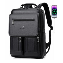 CHAO RAN Läder Rygga för Män Passar 15,6 Tum Laptop, USB Laddningsport, Vattentålig Svart T