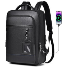 CHAO RAN Läder Laptop Ryggsäck för Män för 15,6 Tum Laptop, USB Laddningsport, Vattentålig Svart