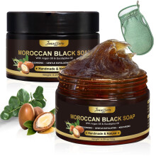 2 Pack Jabón Negro Marroquí Hammam, Exfoliante con Guante, Limpiador Corporal con Aceite de Argán y Eucalipto