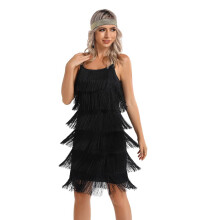 Kvinnors Great Gatsby Flapper Spaghetti Fringed Klänning med Huvudband, 20-tals Elegant Mini Klänning (L, Svart)