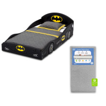 Delta Children DC Comics Batman Batmobile Car Deluxe Toddler Bed with Attached Guardrails Sweet Beginnings Dual Sided Crib Mattress