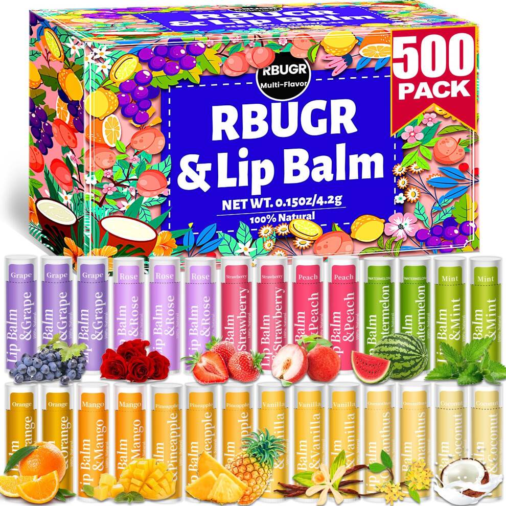 Rbugr 500 Pcs Lip Balm Bulk, 12 Flavored Organic Natural Lip Balms For Gifts Party Favors, Moisturizing Bulk Lip Balms For Dry Cracked Lips, Bulk Lip