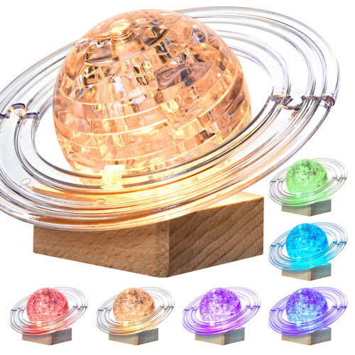 Rompecabezas 3D de Cristal, 40PCS Saturno Teaser de Montaje con Base de Madera Iluminada