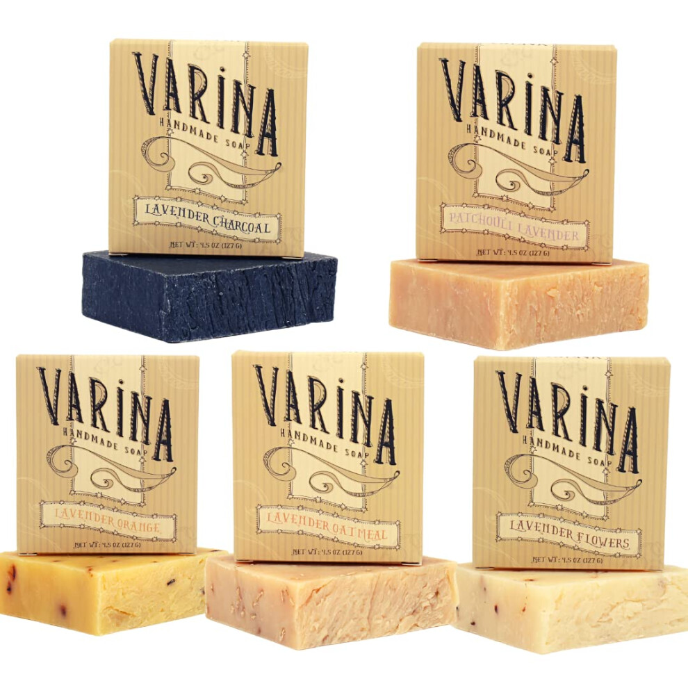 Varina Organic Lavender Variety Bar Soap - Gentle Cleansing For Sensitive Skin, Herbal And Mint - 5 Pack