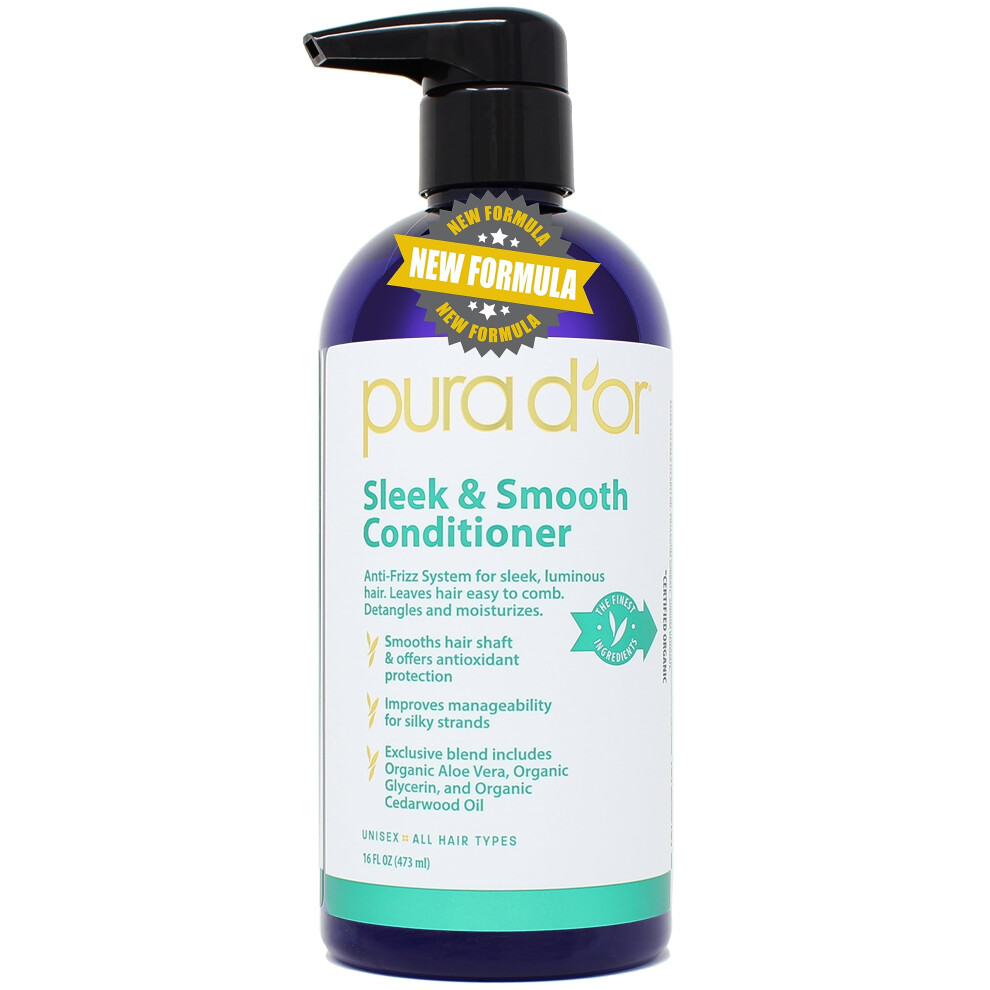 Pura D'or Sleek & Smooth Conditioner (16Oz) Anti-Frizz Formula For Luminous Hair, Easy To Comb, Detangling And Moisturizing, With Organic Aloe Vera, O