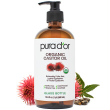 PURA D'OR 16.9 oz Ekologisk Ricinolja (GLASFLASKA) Ren Kallpressad Hexanfri USDA Certifierad