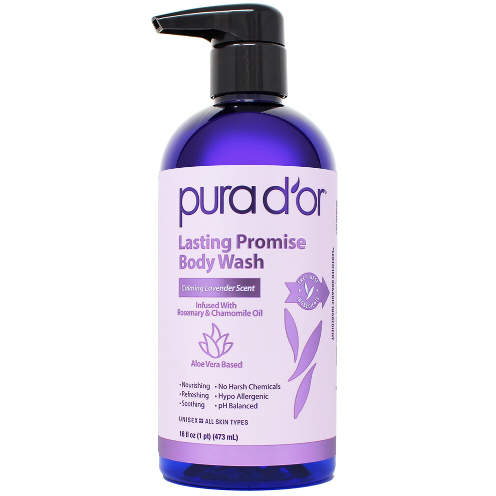 Pura D'or 16 Oz Lasting Promise Body Wash - Calming Lavender Scent - Aloe Vera Based, Infused With Rosemary & Chamomile Oil - Ph Balanced, Sulfate-Fre