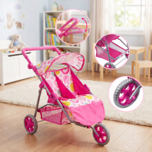 BiBi Doll Twin Dolls Pink Pram Double Baby Doll Stroller 3 Wheel Foldable Pushchair Buggy