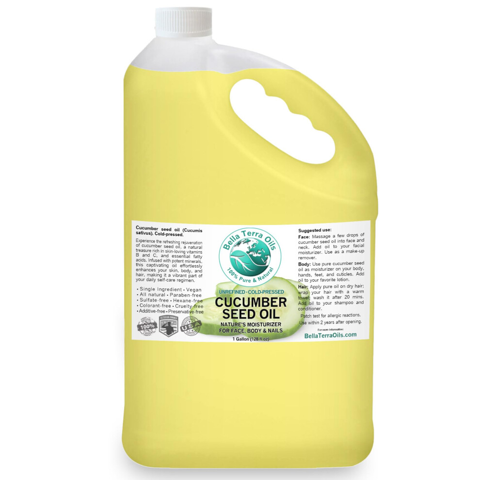 Bella Terra Oils Pure Cucumber Seed Oil For Refreshing Skin And Hair Care - 1 Gallon, Vitamin E Rich