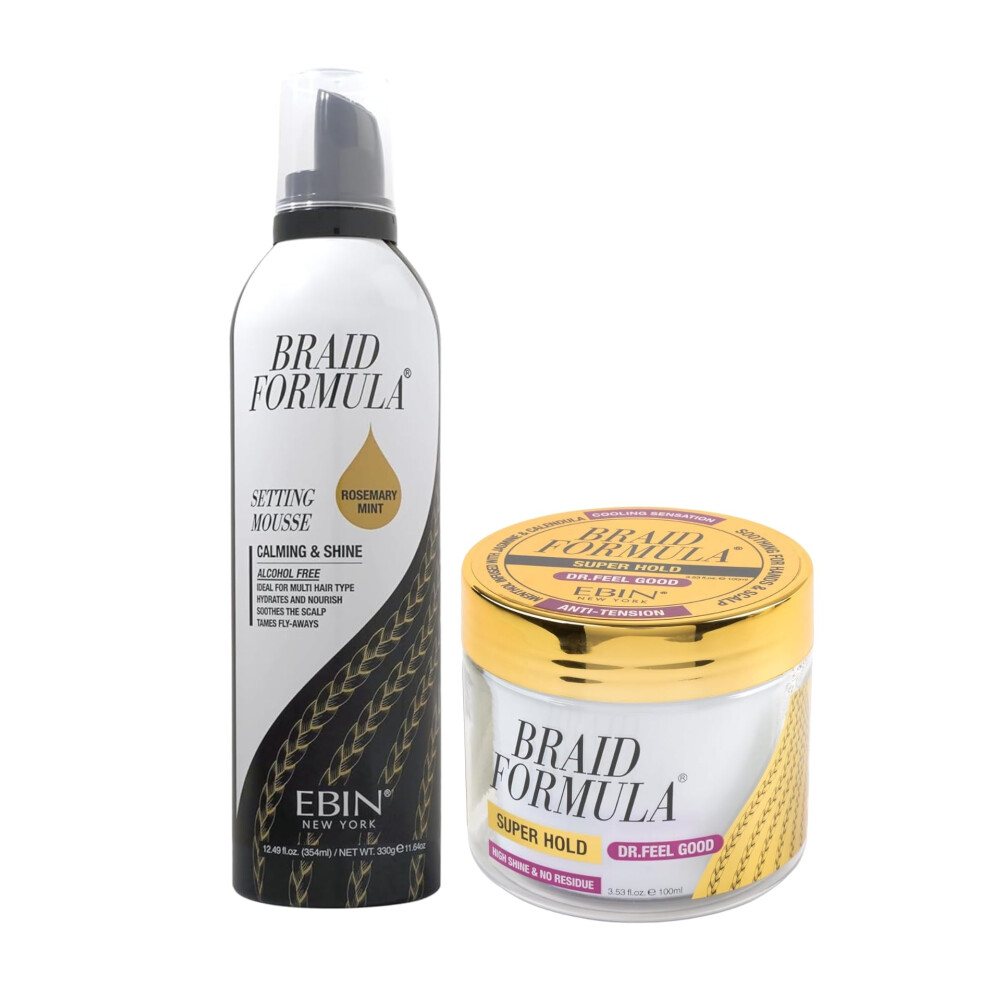 Ebin New York Dr. Feel Good Super Hold Braiding Gel With Cooling Menthol 3.53 Fl Oz Bundle With Braid Formula Setting Mousse Rosemary Mint 12.49 Oz