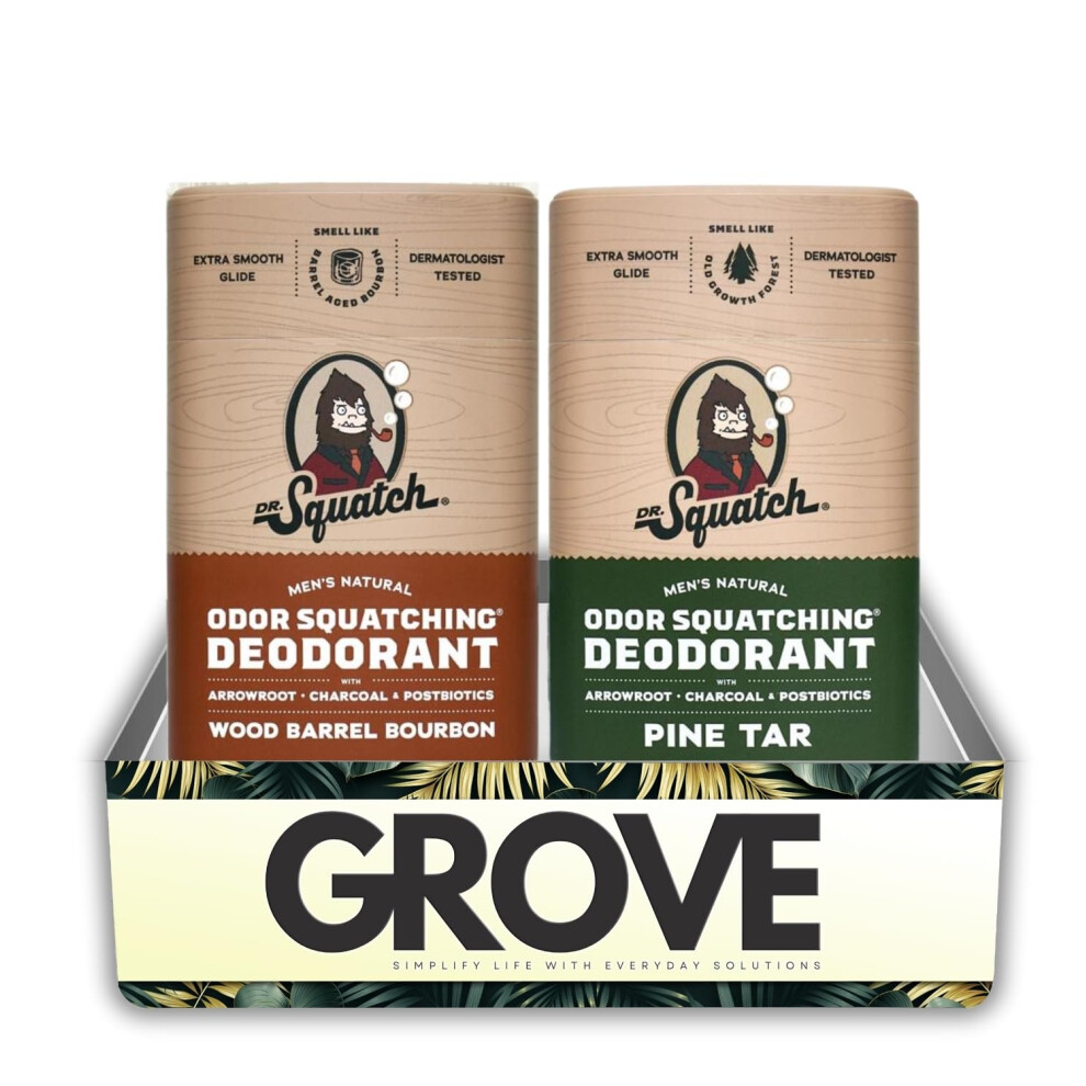 Grove Natural Deodorant Men By Dr. Squatch Wood Barrel Bourbon 2.65 Oz Bundle With Dr. Squatch Pine Tar Deodorant 2.65 Oz - Jojoba & Shea Butter For Odor Pr