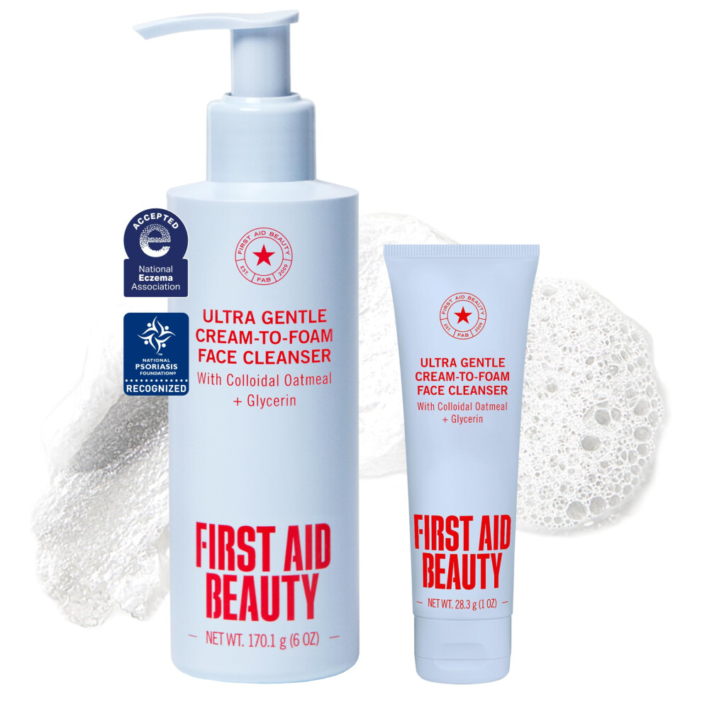 First Aid Beauty Ultra Gentle Cream-To-Foam Facial Cleanser, Fragrance Free Makeup Removing Face Wash With Colloidal Oatmeal & Glycerin For Sensitive