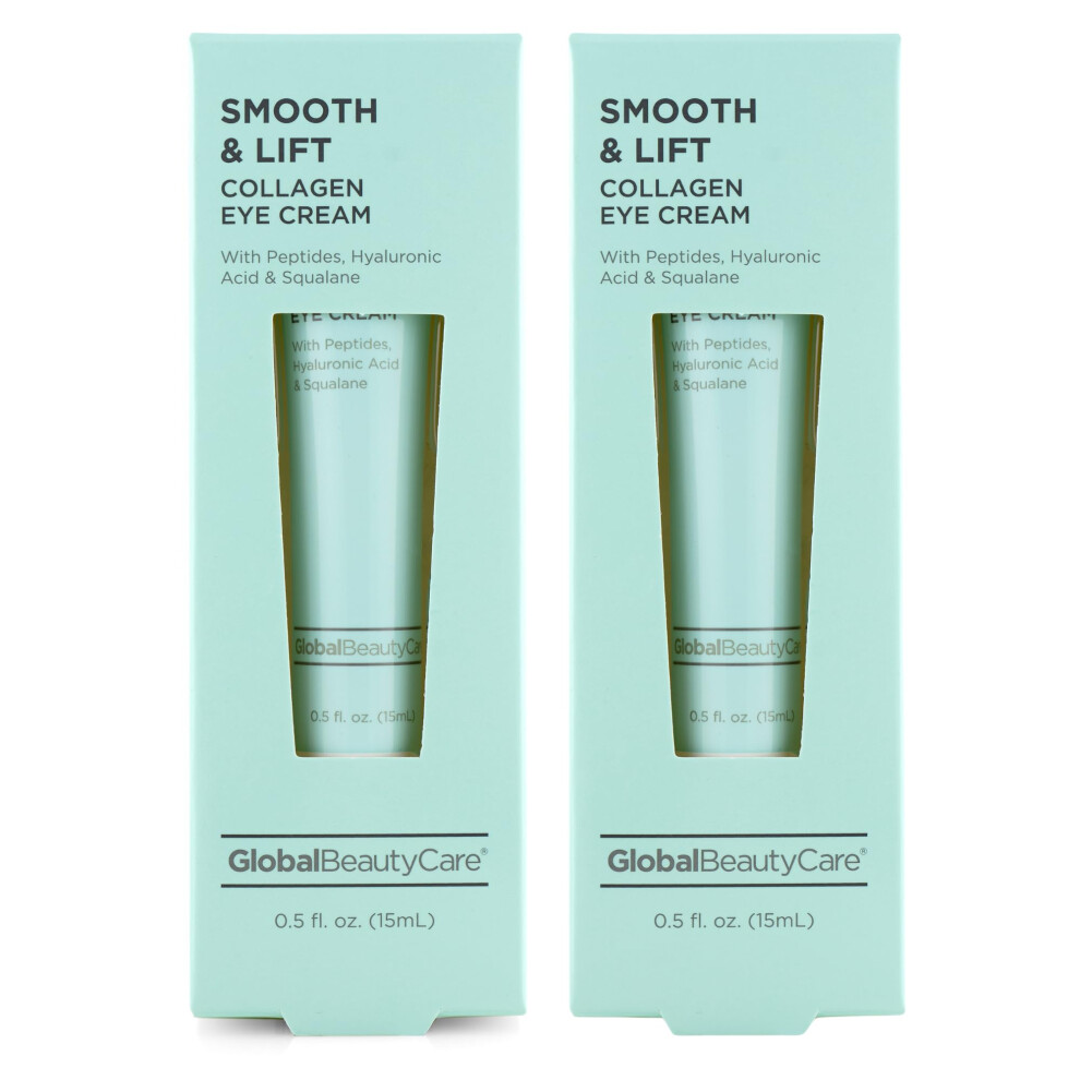 Global Beauty Care Smooth & Lift Collagen - Eye Cream Wiith Peptides, Hyaluronic Acid & Squalane, 2-Pack (2X 0.5 Fl Oz 15Ml)