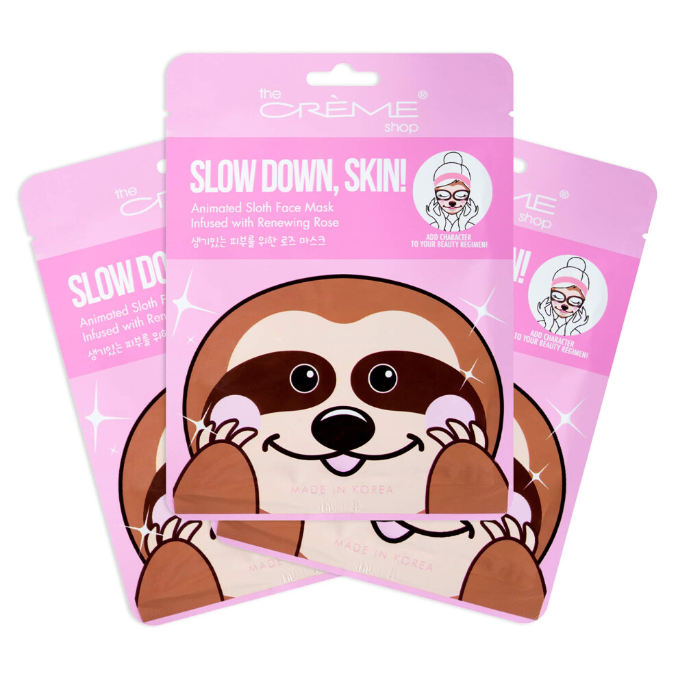 The Crme Shop Animal Sheet Mask, Korean, Hydrating, Collagen, Vitamin C, Anti-Aging - Pack Of 3 (Sloth)