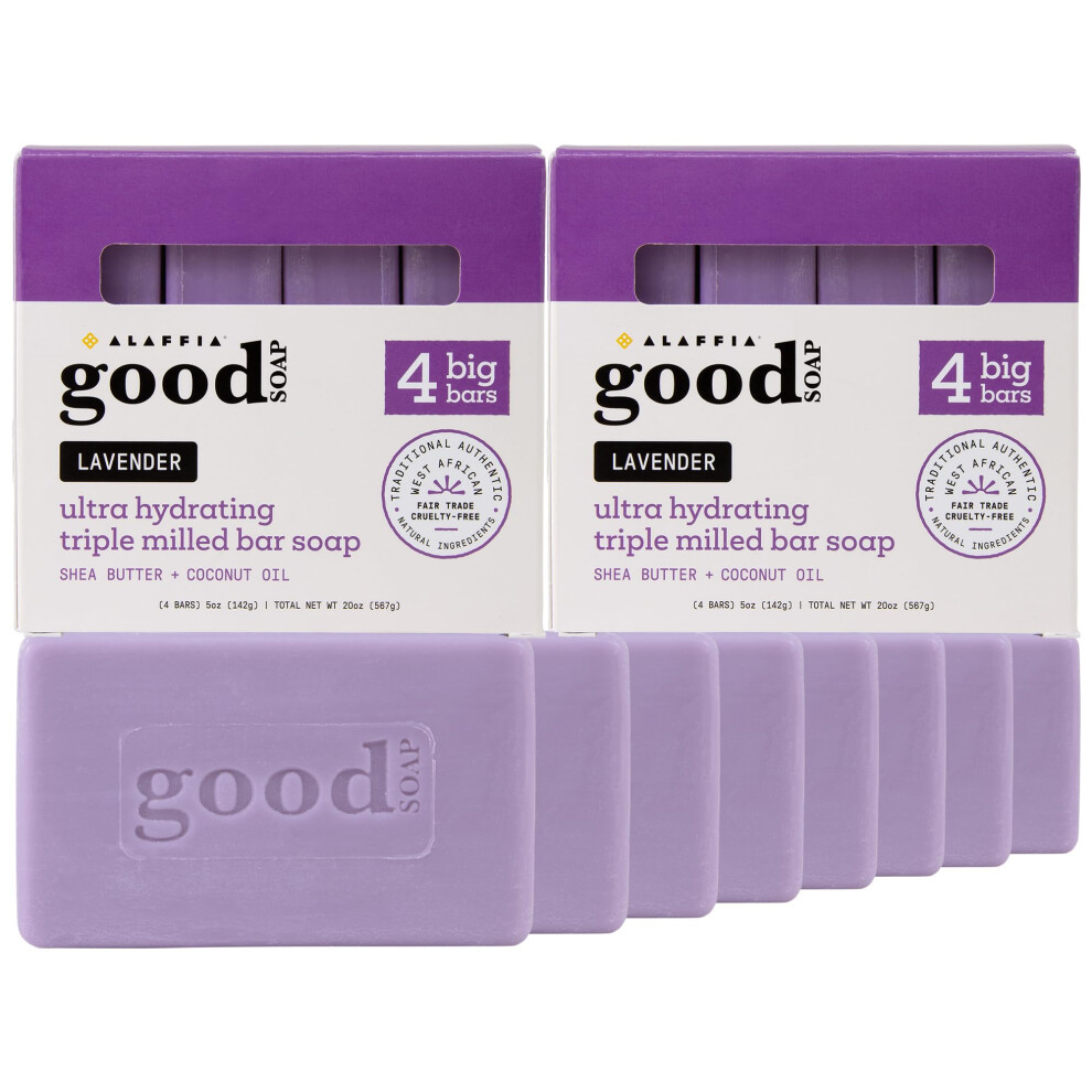 Alaffia Good Soap Lavender 2-Pack (8 Bars) - Long-Lasting, Triple-Milled With Fair Trade Shea Butter