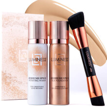 LUMINESS Silk Airbrush Spray Foundation 3-PC Kit - Foundation, Primer & Dual-Sided Angled Makeup Brush - Buildable Coverage, Anti-Aging Formula, Humid