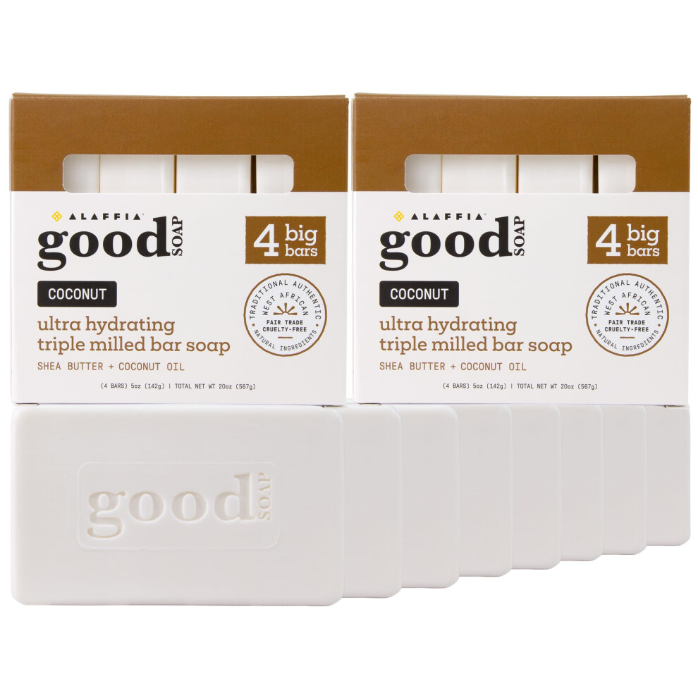Alaffia Good Soap Coconut 2-Pack (8 Bars) - Long-Lasting, Triple-Milled With Fair Trade Shea Butter