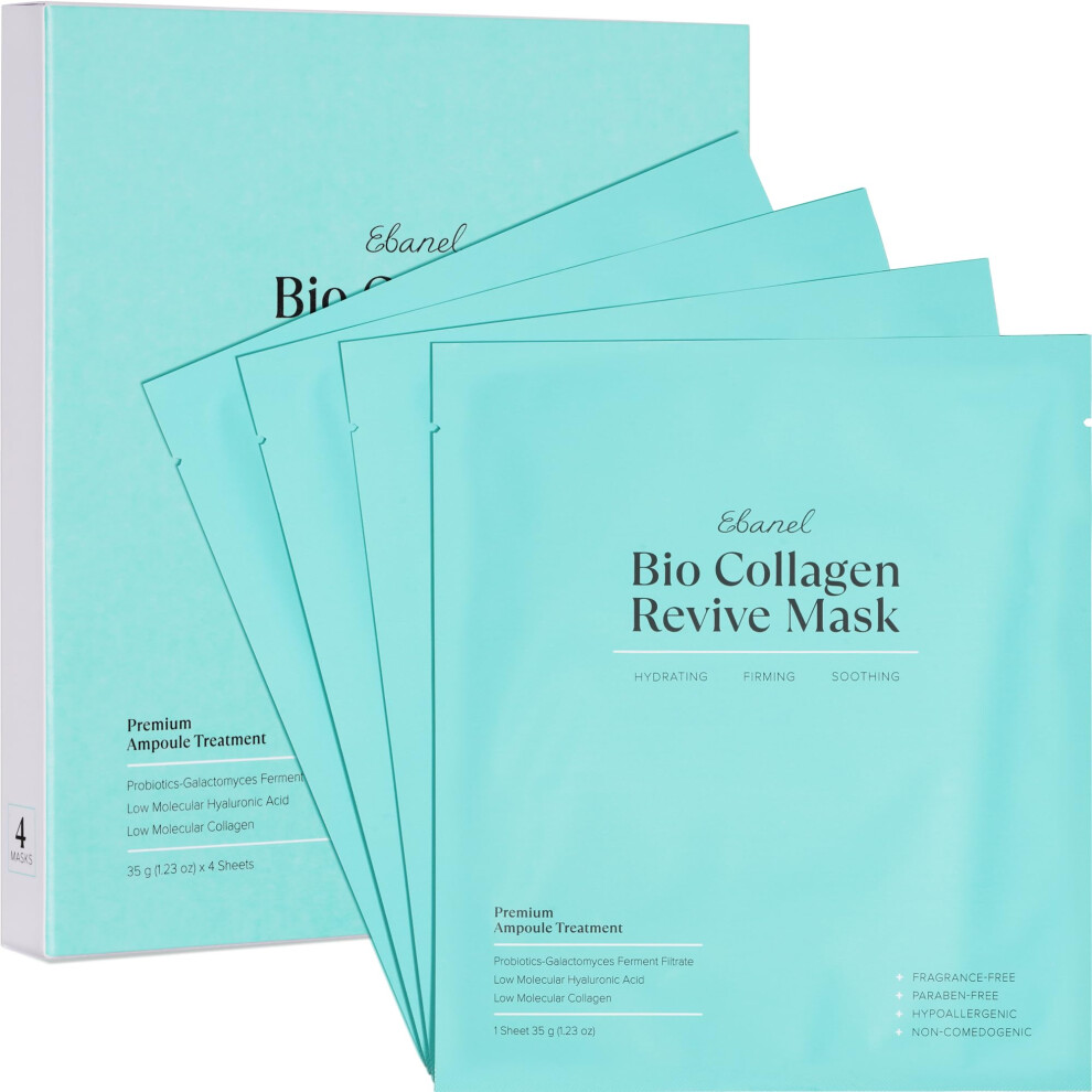 Ebanel Bio Collagen Face Mask, 4-Pack Hydrating Face Masks With 7 Peptides, Hyaluronic Acid, Niacinamide, Centella, Rose Water, Ceramide, And B5, Glas