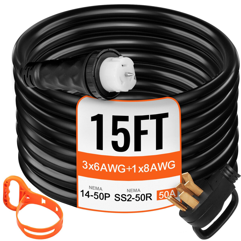 Vevor 15 Ft 50 Amp Generator Extension Cord Nema 14-50P To Ss2-50R & Cs6364, Stw 6/3+8/1 Awg 125/250V Generator Power Cord Twist Lock Connectors For G