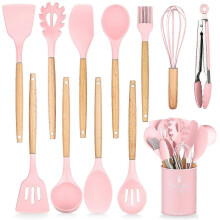 Silicone Kitchen Utensils Set of 11, Large Size Utensils with Wooden Handle, Shovel, Spatula, Egg Beaters, Storage Box -GSL