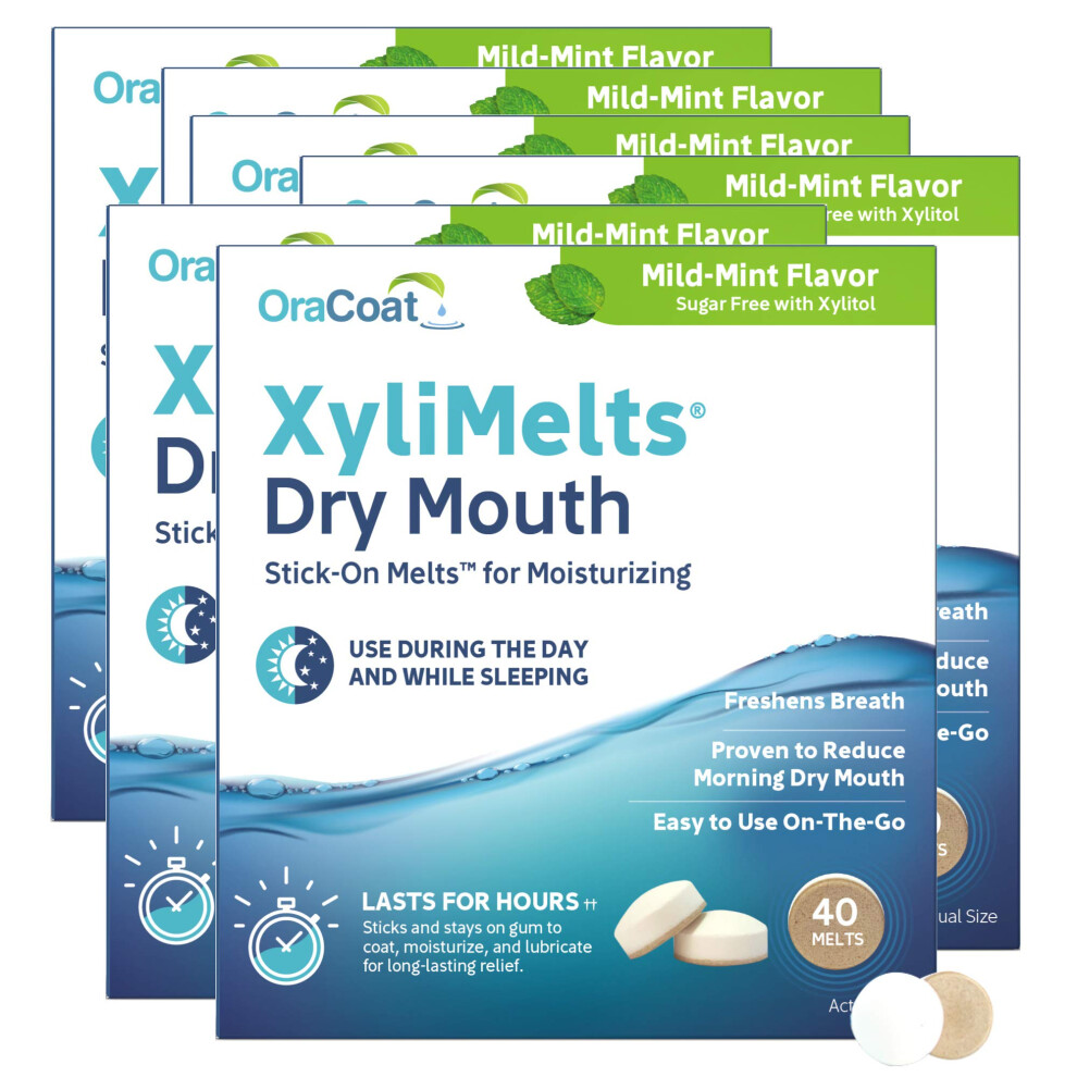 Oracoat Xylimelts For Dry Mouth Night Time Or Day - Moisturizing Dry Mouth Adhering Discs, Sugar Free With Xylitol, 40 Count - 6 Pack, Mild Mint Flavo